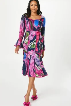 Floral Print Long Sleeve Midi Wedding Guest Dress