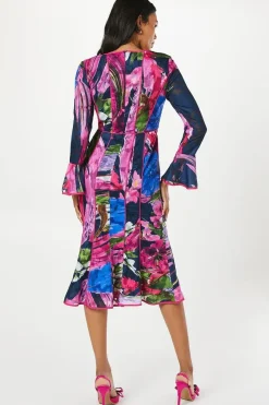 Floral Print Long Sleeve Midi Wedding Guest Dress