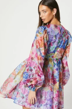 Floral Print Long Sleeve Organza Mini Dress
