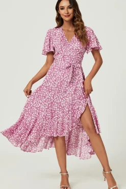 Floral Print Midi Wrap Dress In Pink