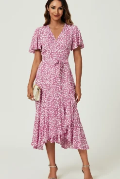 Floral Print Midi Wrap Dress In Pink