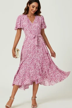 Floral Print Midi Wrap Dress In Pink