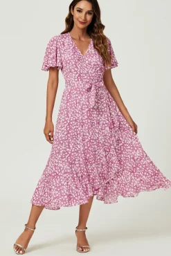 Floral Print Midi Wrap Dress In Pink