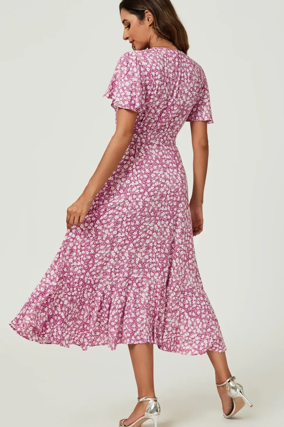 Floral Print Midi Wrap Dress In Pink