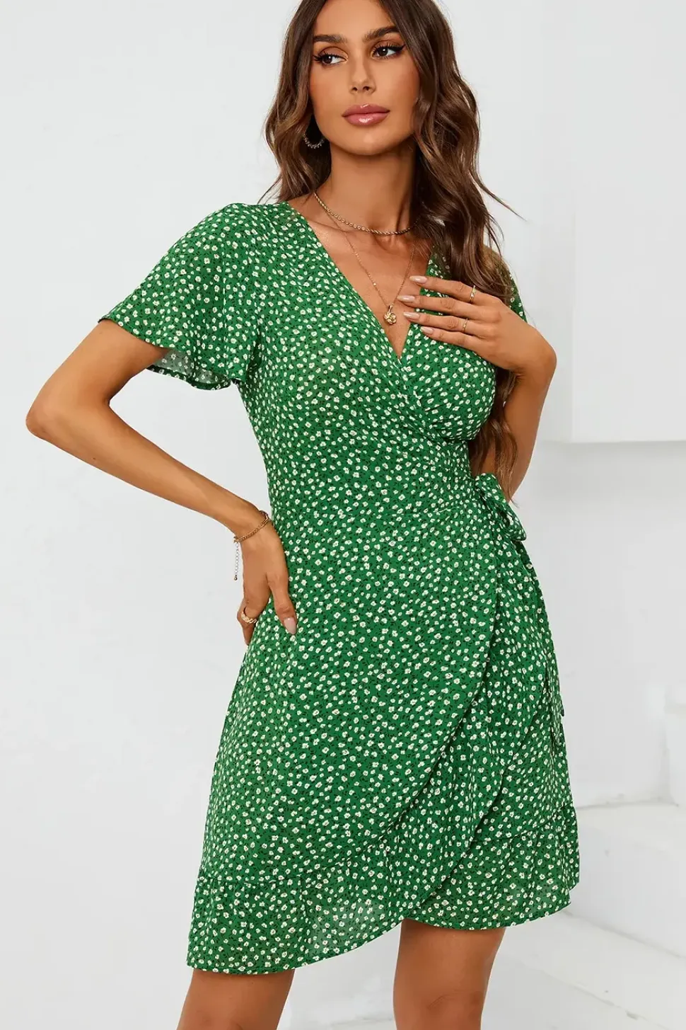Floral Print Mini Wrap Dress In Green