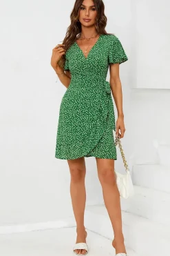 Floral Print Mini Wrap Dress In Green