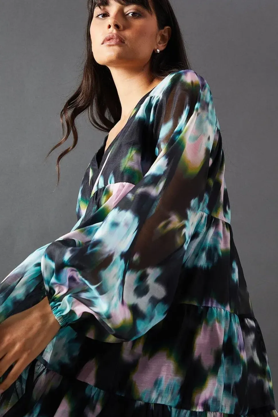Floral Print Organza Smock Dress