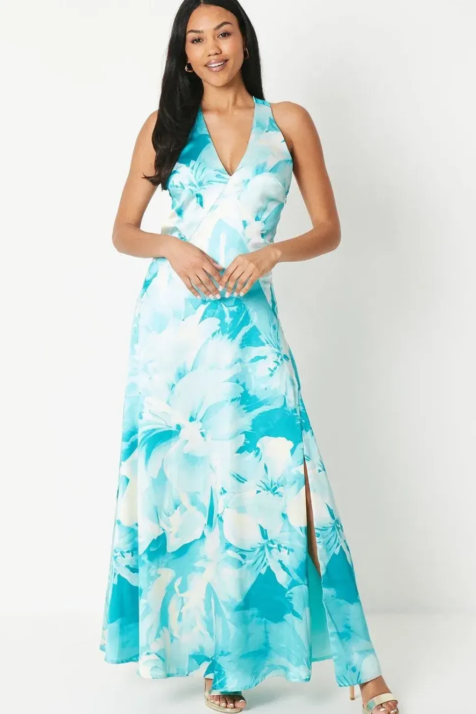 Floral Print Plunge Neck Low Back Satin Maxi Dress