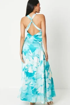 Floral Print Plunge Neck Low Back Satin Maxi Dress