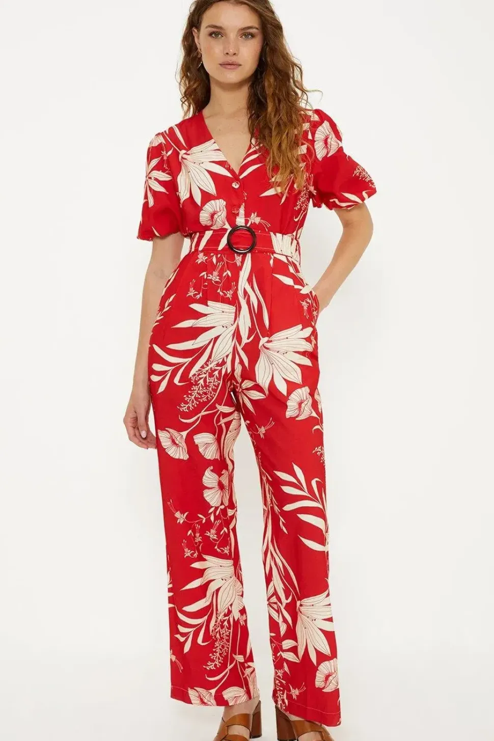 Floral Print Puff Sleeve Belted Jumpsuit