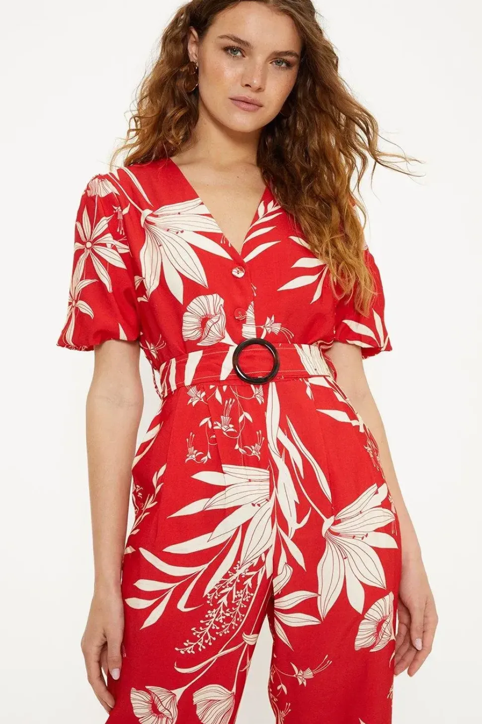 Floral Print Puff Sleeve Belted Jumpsuit