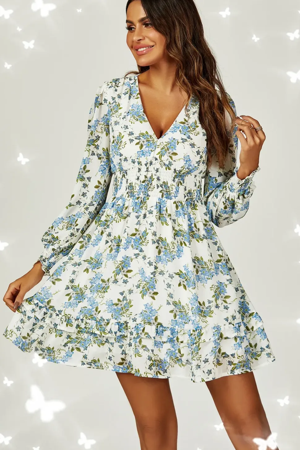 Floral Print ruffle Hem long sleeve Mini Dress In White
