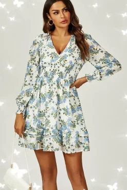 Floral Print ruffle Hem long sleeve Mini Dress In White