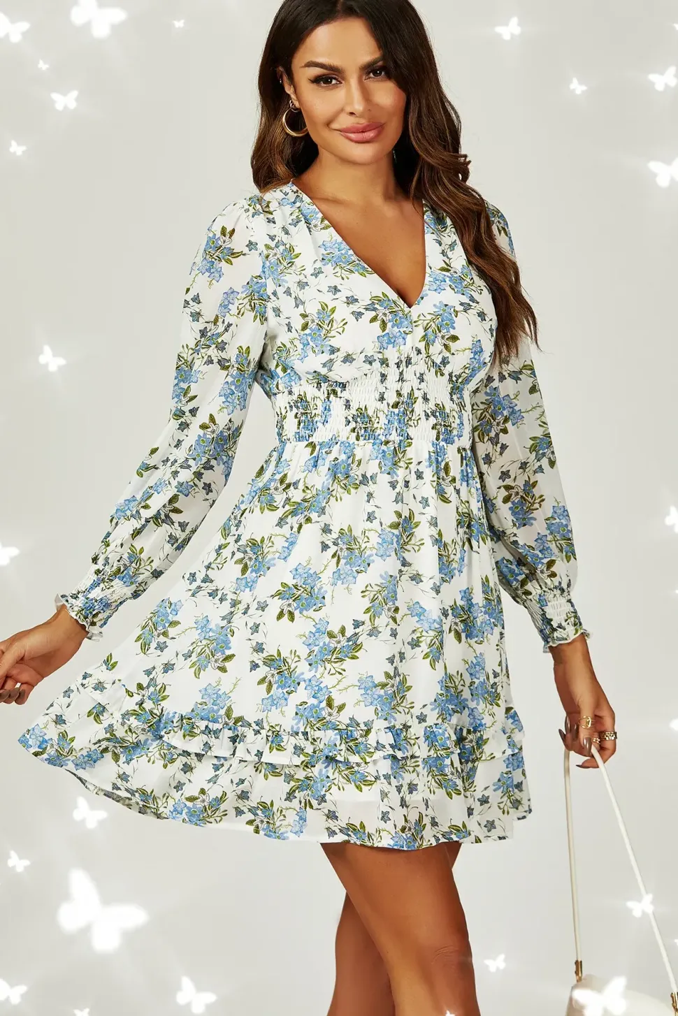 Floral Print ruffle Hem long sleeve Mini Dress In White