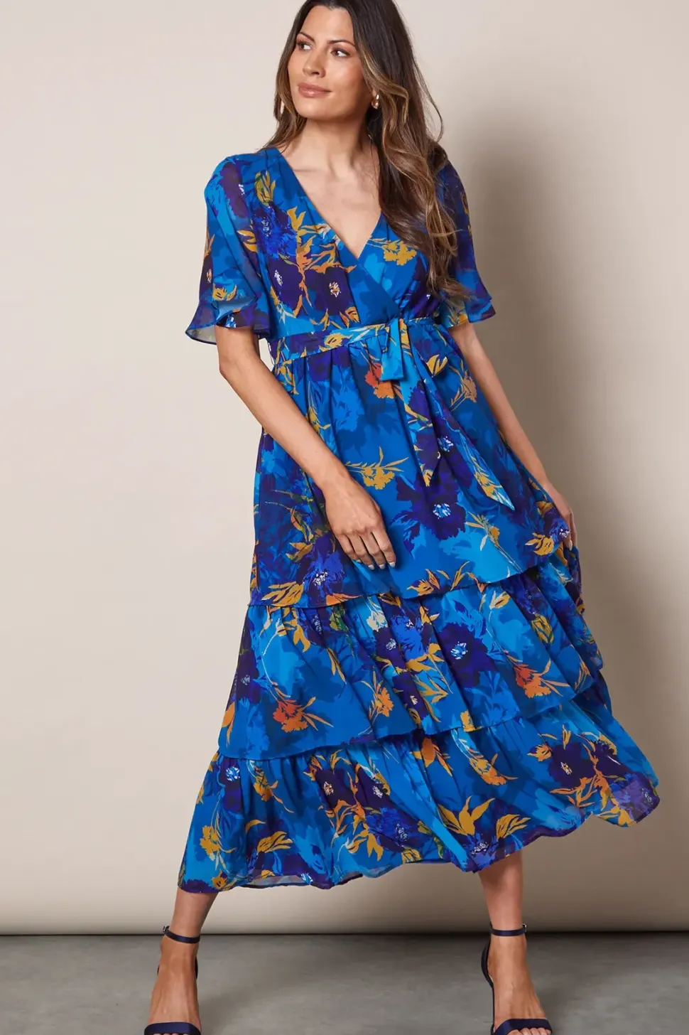 FLORAL PRINT RUFFLE MIDI DRESS