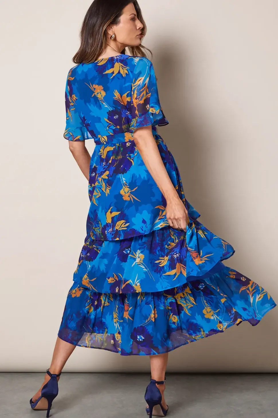 FLORAL PRINT RUFFLE MIDI DRESS