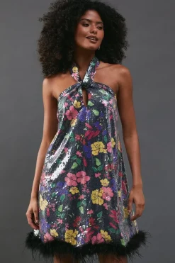 Floral Print Sequin Halter Feather Hem Mini Dress