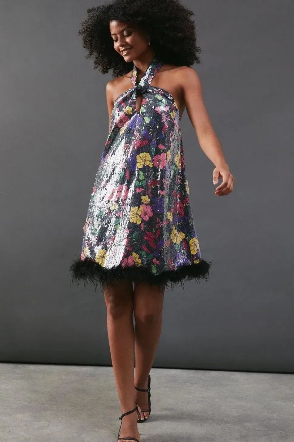 Floral Print Sequin Halter Feather Hem Mini Dress