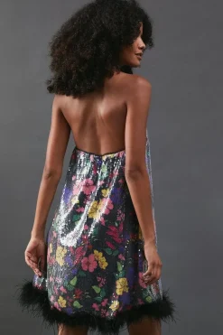 Floral Print Sequin Halter Feather Hem Mini Dress