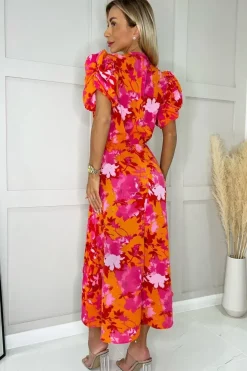 Floral Print Short Puff Sleeve Gathered Side Midi Dress