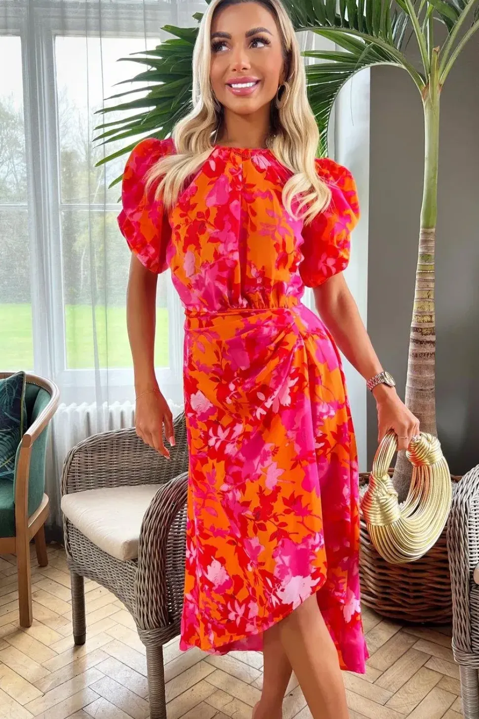 Floral Print Short Puff Sleeve Gathered Side Midi Dress