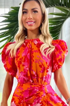 Floral Print Short Puff Sleeve Gathered Side Midi Dress