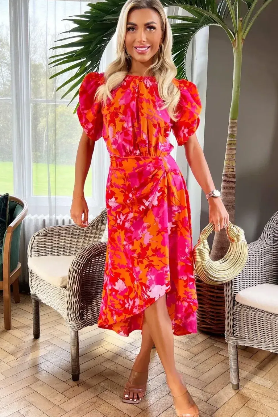 Floral Print Short Puff Sleeve Gathered Side Midi Dress