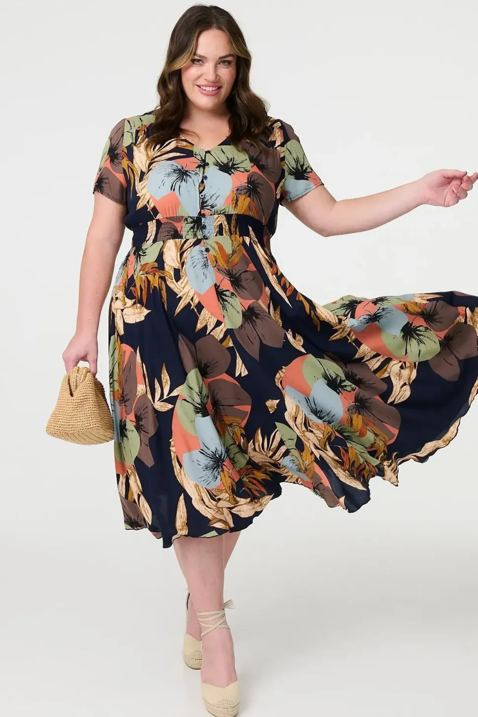 Floral Print Short Sleeve Midi Dress