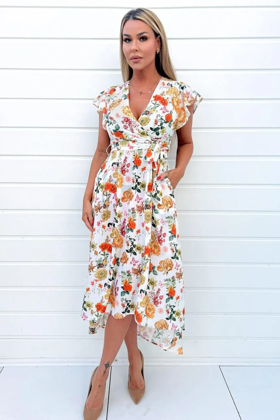 Floral Print Short Sleeve Wrap Midi Dress
