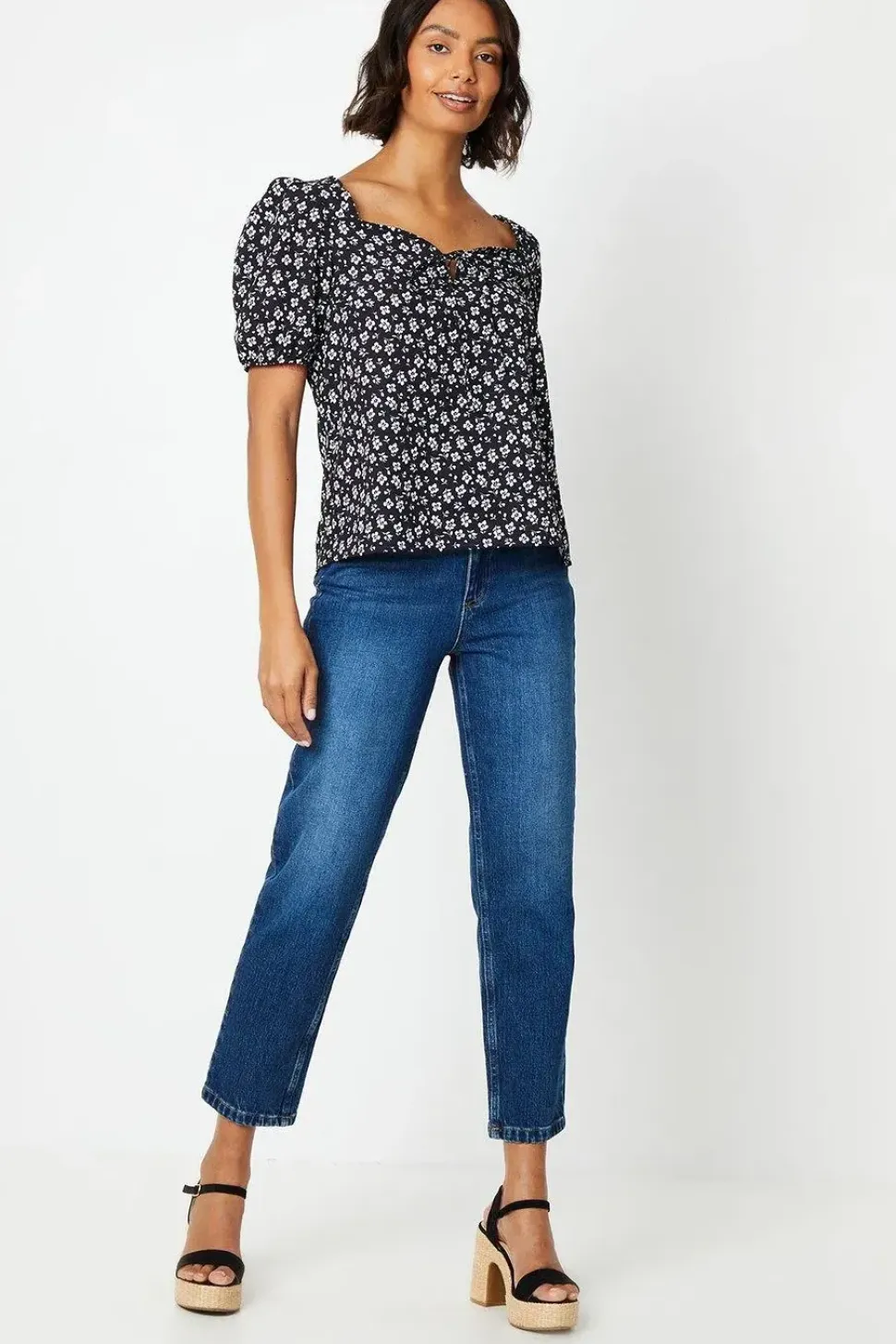Floral Print Sweetheart Tie Front Blouse
