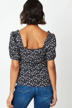 Floral Print Sweetheart Tie Front Blouse