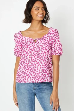Floral Print Sweetheart Tie Front Blouse