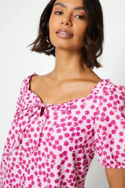 Floral Print Sweetheart Tie Front Blouse