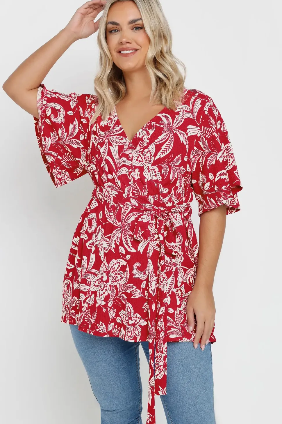 Floral Print Textured Wrap Top