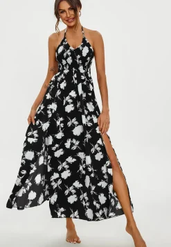 Floral Print Tie Halterneck Back Detail Maxi Dress