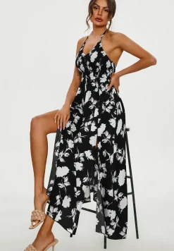 Floral Print Tie Halterneck Back Detail Maxi Dress