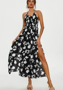Floral Print Tie Halterneck Back Detail Maxi Dress