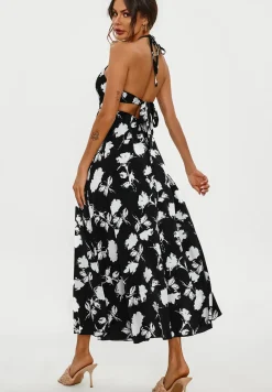 Floral Print Tie Halterneck Back Detail Maxi Dress
