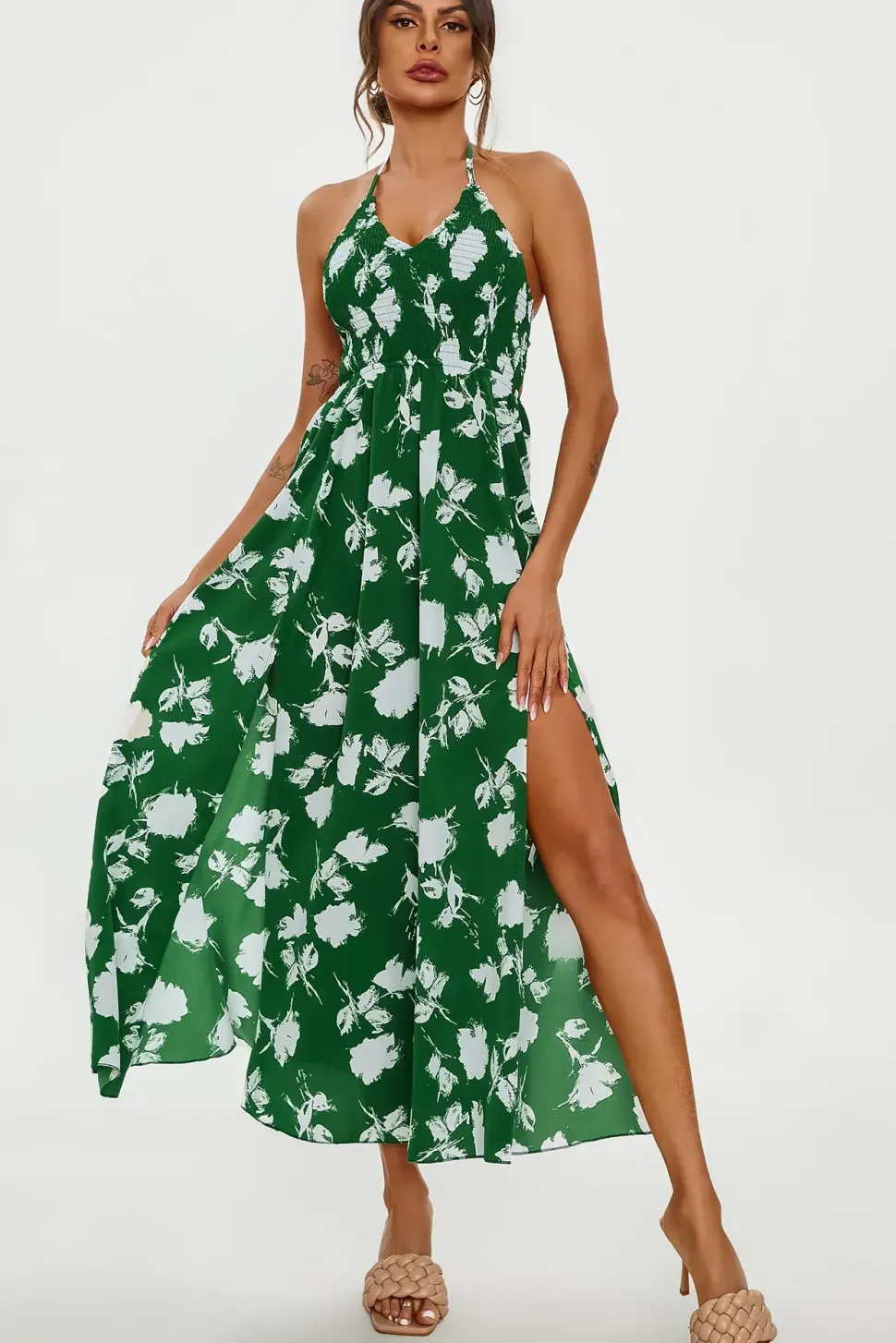 Floral Print Tie Halterneck Back Detail Maxi Dress In Green