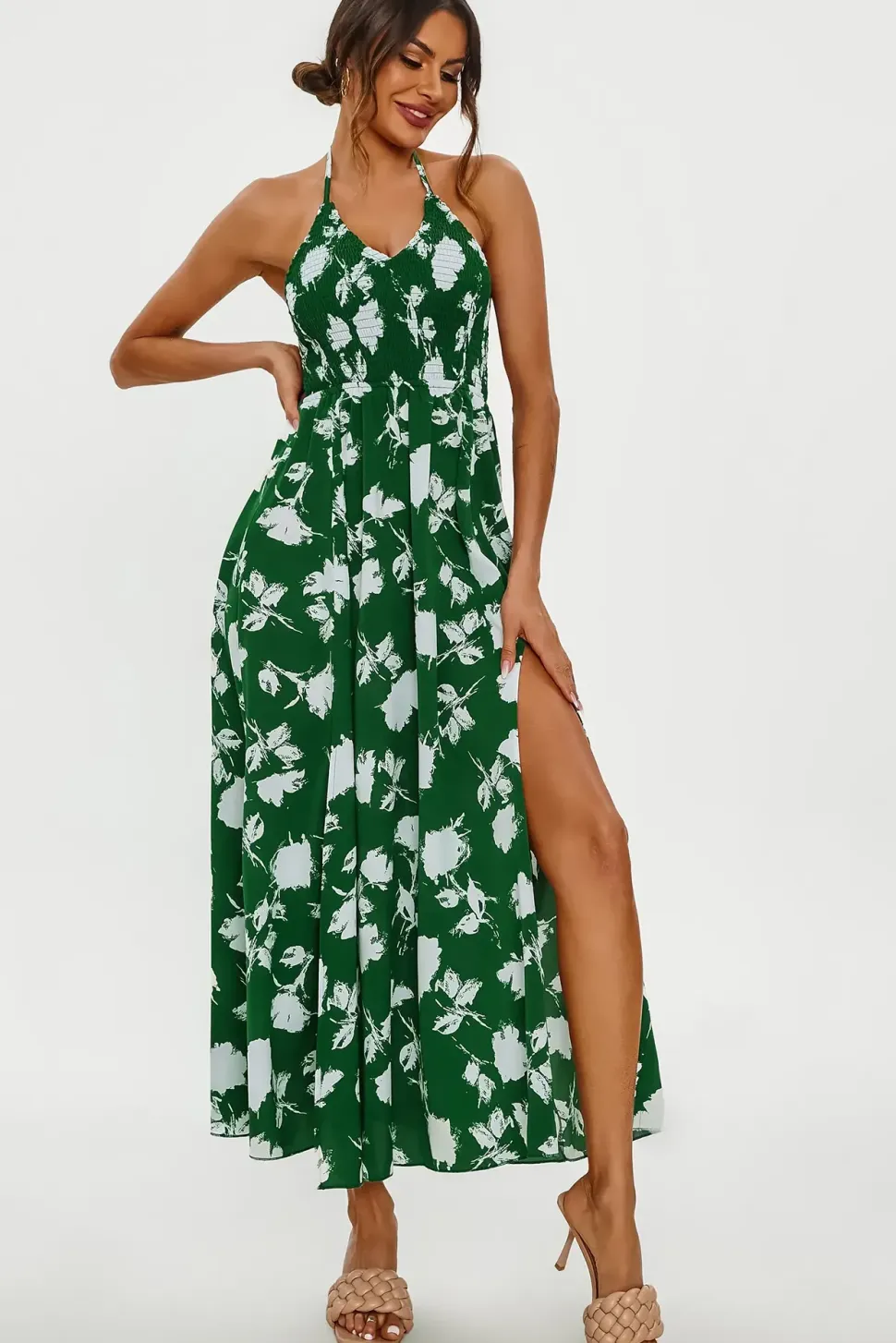 Floral Print Tie Halterneck Back Detail Maxi Dress In Green