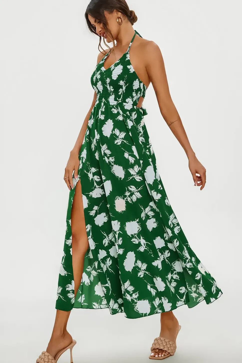 Floral Print Tie Halterneck Back Detail Maxi Dress In Green