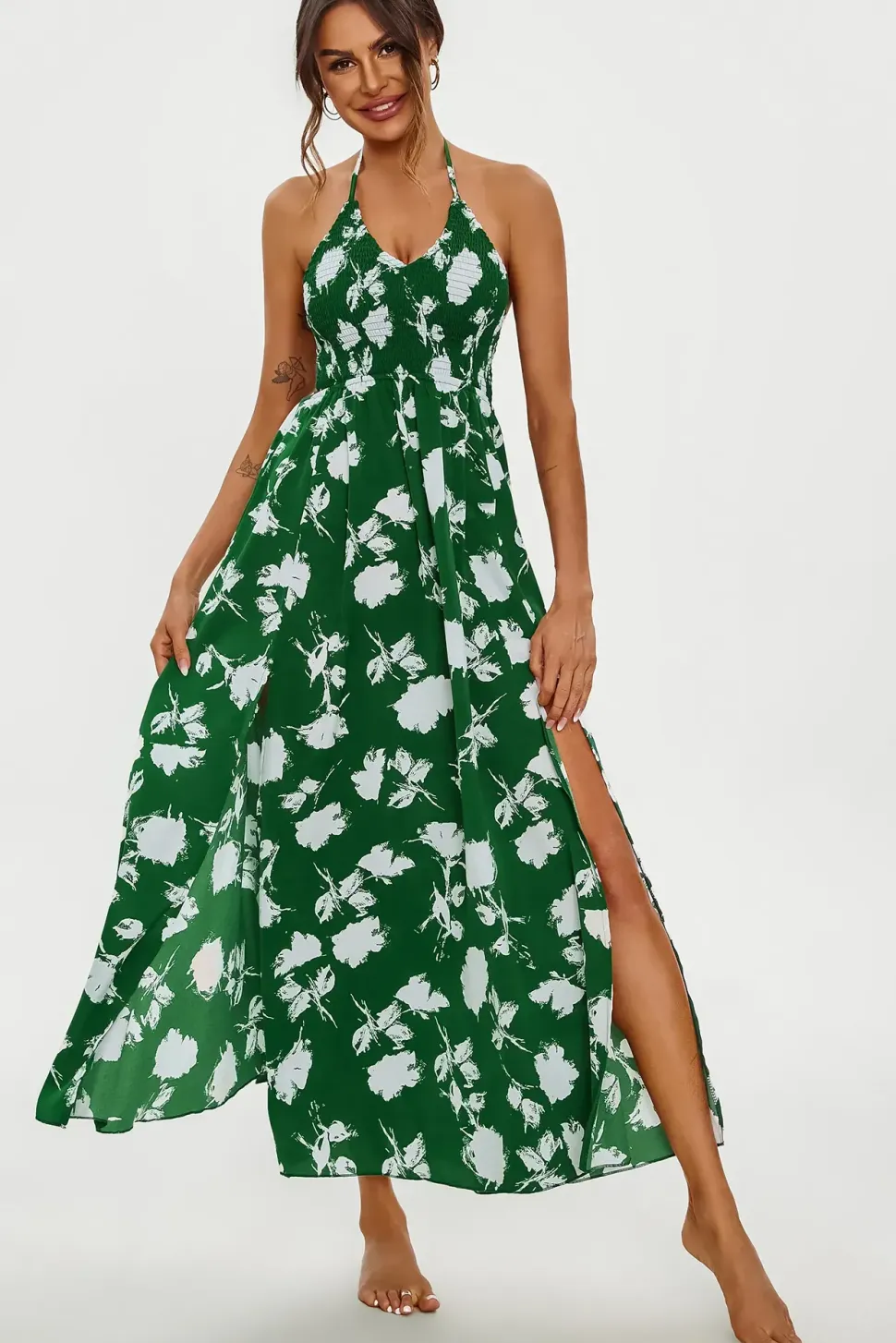 Floral Print Tie Halterneck Back Detail Maxi Dress In Green