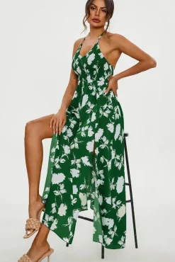 Floral Print Tie Halterneck Back Detail Maxi Dress In Green