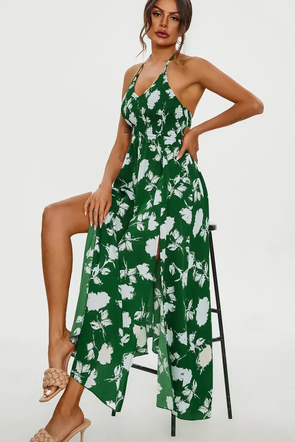 Floral Print Tie Halterneck Back Detail Maxi Dress In Green