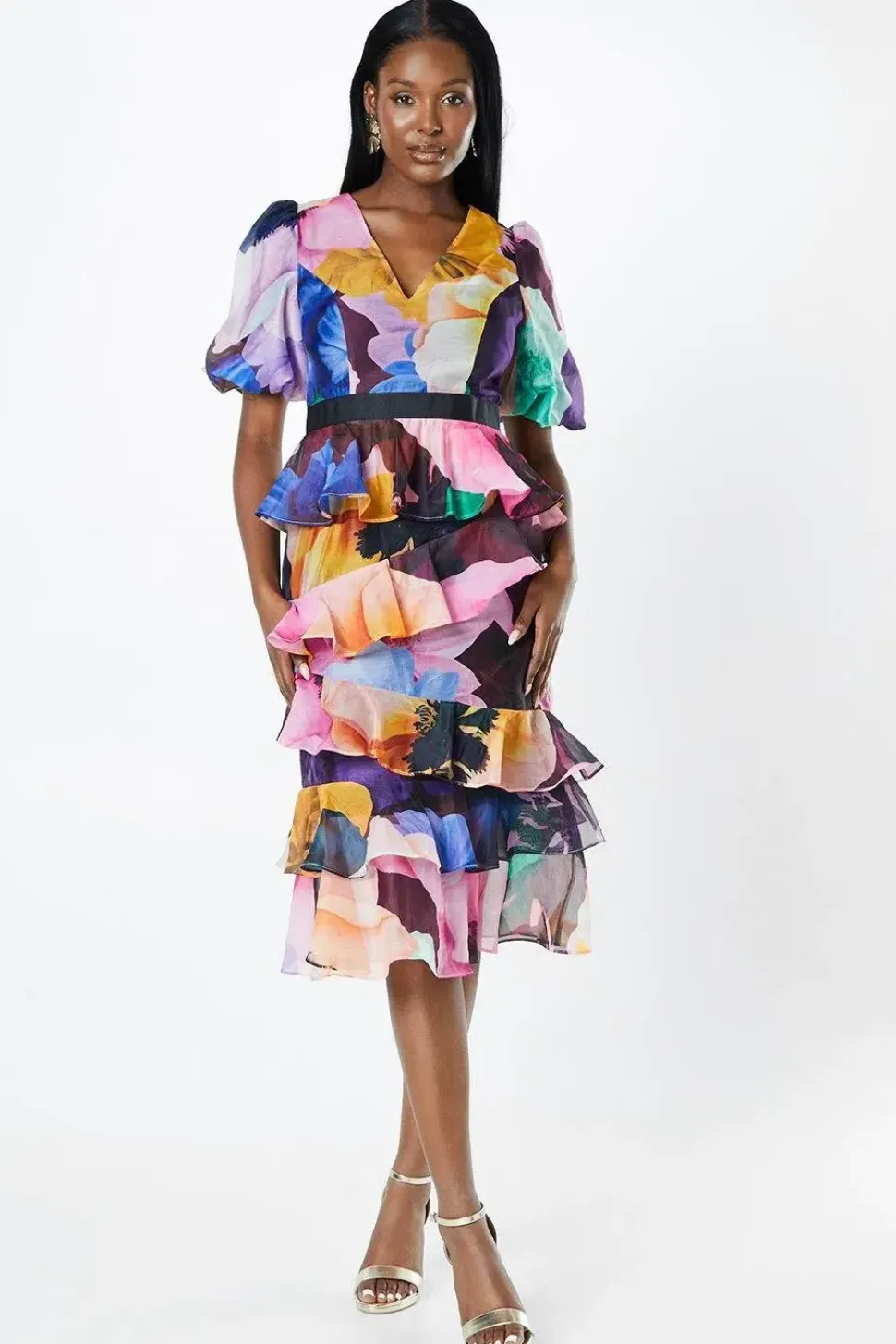 Floral Print Tiered Skirt Puff Sleeve Midi Wedding Guest Dress