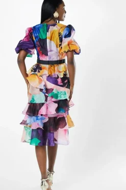 Floral Print Tiered Skirt Puff Sleeve Midi Wedding Guest Dress
