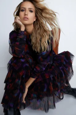 Floral Print Tiered Tulle Dress