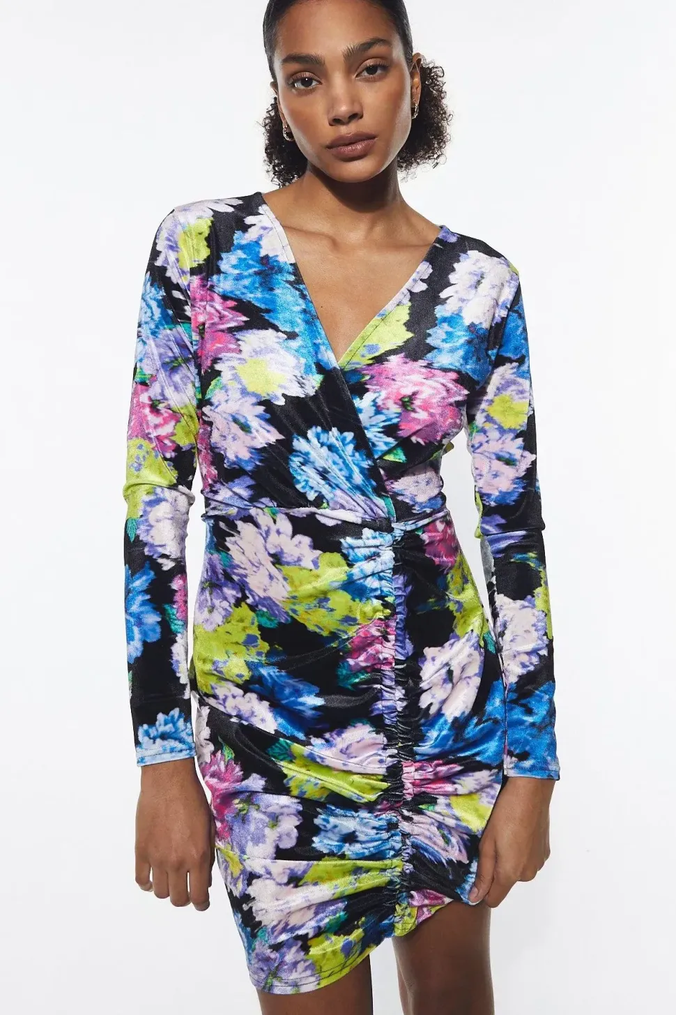 Floral Print Velvet Ruched Mini Dress