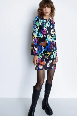 Floral Print Velvet Shift Flare Sleeve Mini Dress