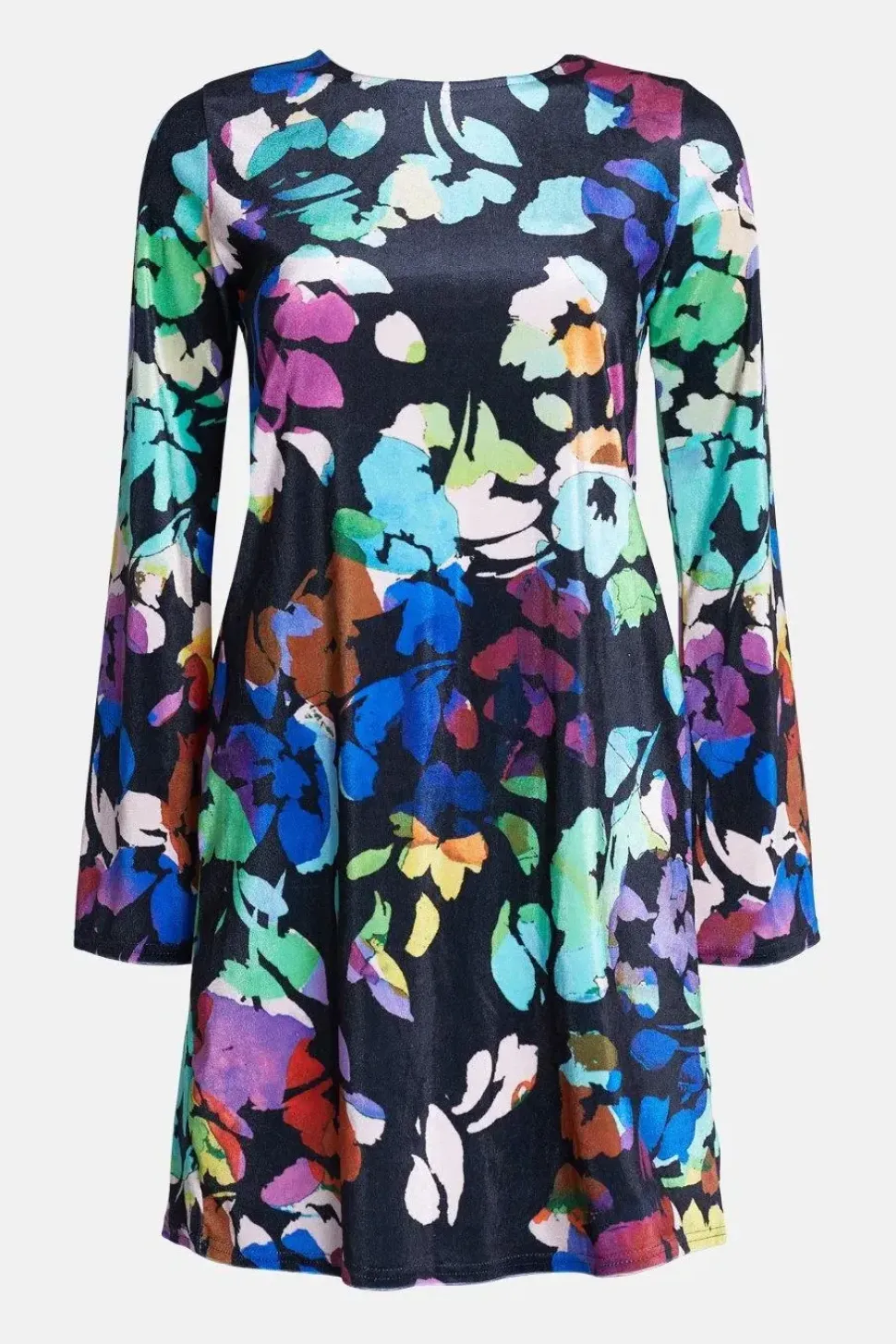 Floral Print Velvet Shift Flare Sleeve Mini Dress